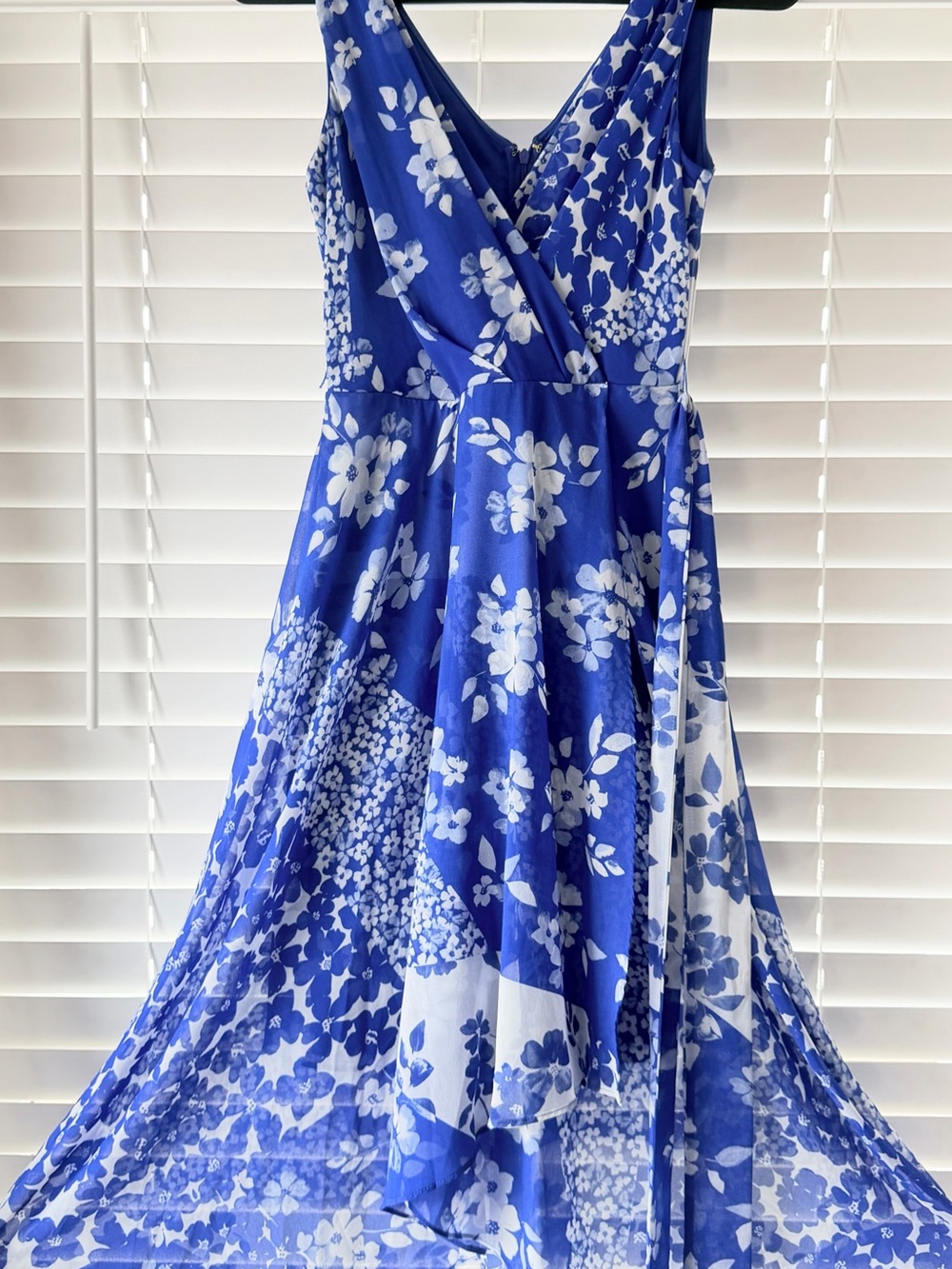 DKNY Blue and White Floral High-Low Wrap Dress